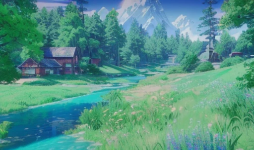 Stylized scene, anime countryside landscape, anime landscape, detailed scenery, pc screenshot, hyper-detailed environment, hyper detailed scene, highly detailed environment, beautiful screenshot, detailed environment, distant village background, lush scenery, complex detailed environment, detailed photo of virtual world, ultradetailed environment, anime scenery, velly distant forest