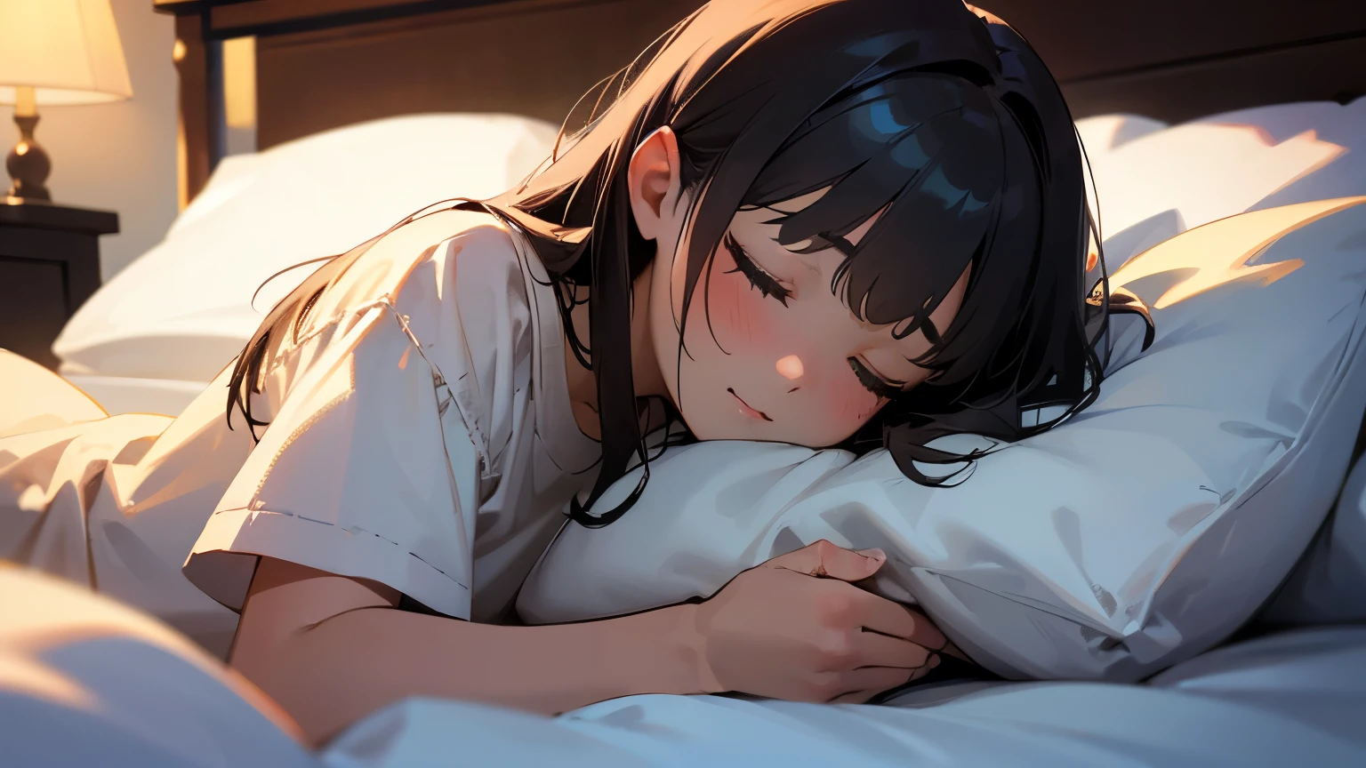 Girl and cat sleeping in bed, masterpiece, top quality, super detailed, 4K, 8K, ((clearly drawn face))