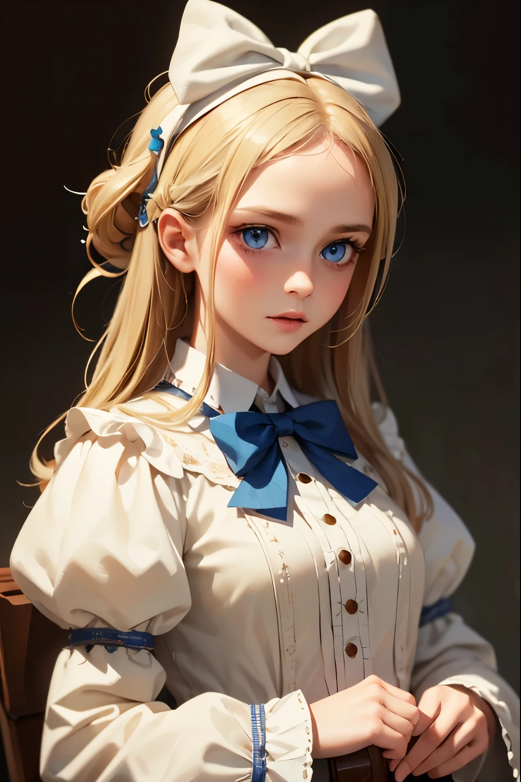 1girl, masterpiece, best quality, 8k, detailed skin texture, detailed cloth texture, beautiful detailed face, intricate details, ultra detailed, Alice in Wonderland, (a bow on her head:1.1), upper body, blonde hair, blue eyes, full body