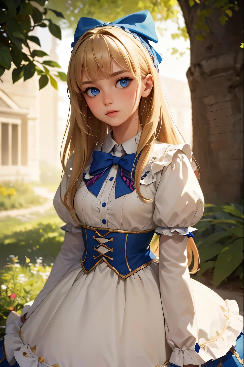 1girl, masterpiece, best quality, 8k, detailed skin texture, detailed cloth texture, beautiful detailed face, intricate details, ultra detailed, Alice in Wonderland, (a bow on her head:1.1), upper body, blonde hair, blue eyes, full body