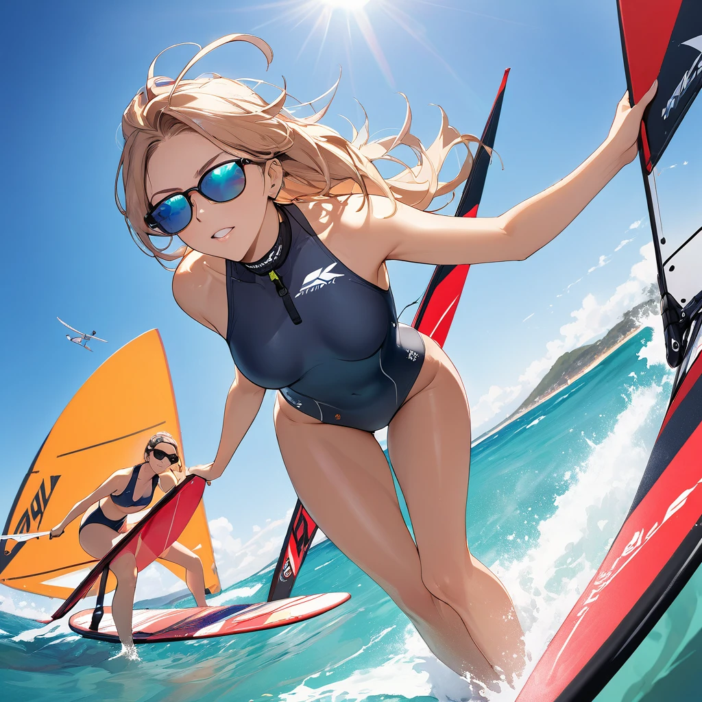 (Holder Neck Swimsuit,sunglasses)(Windsurfing woman), best photography angle