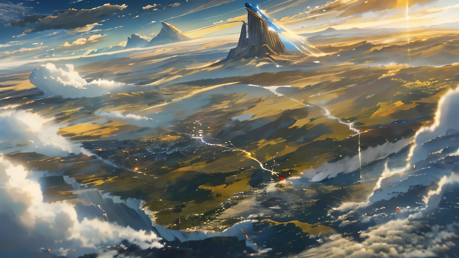 Vast Sky, Beautiful skyline, Vast grassland, Very tense and dramatic photo, Moving visual effects, The North Star Hanging High, Colorful natural light. Long sleeve tops, Denim shorts, Girl carrying a backpack. There is a big ship not far away..White Hair,Panoramic view from above, Capturing the vastness of nature. Soft lighting creates a warm atmosphere.