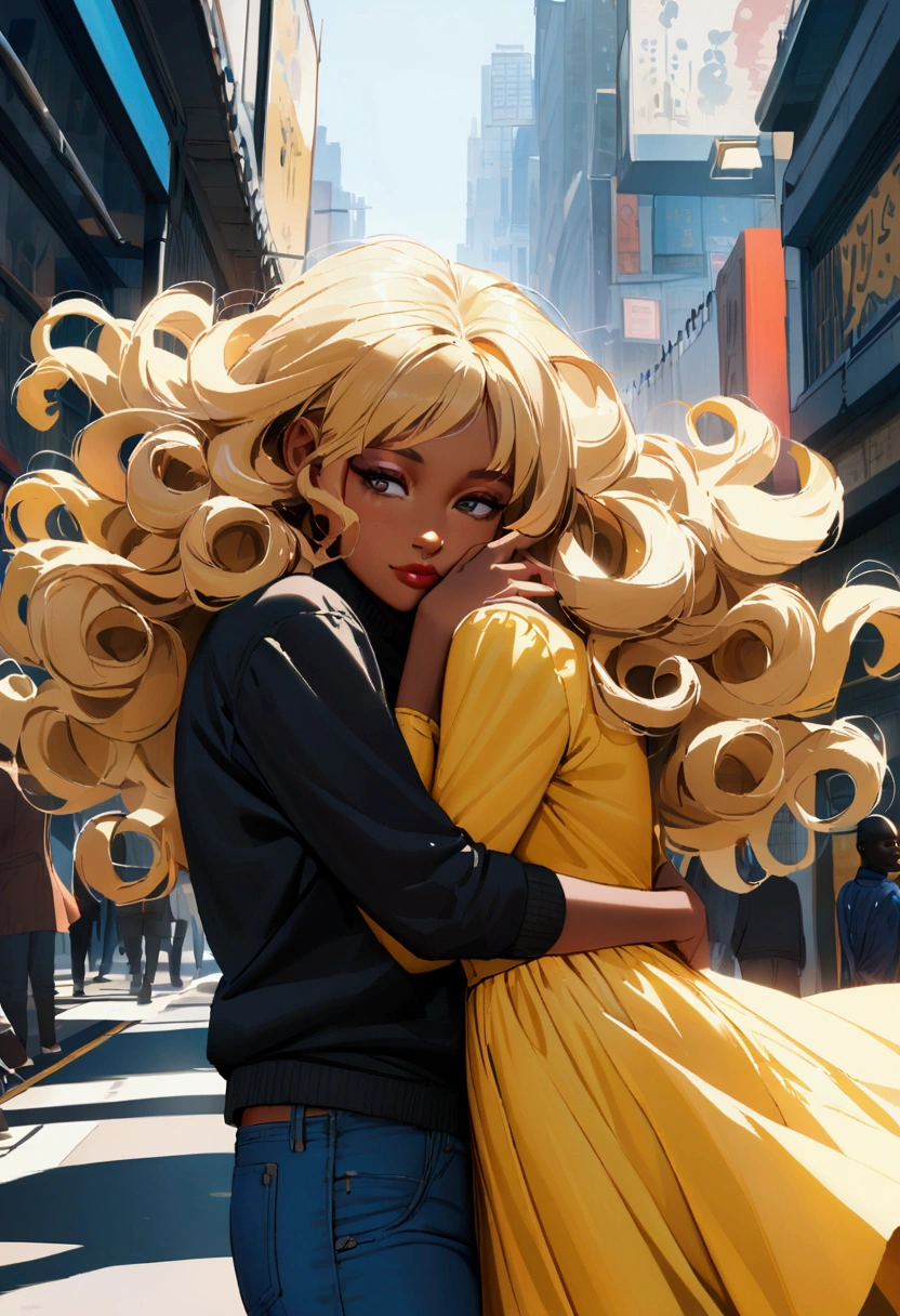 Portrait of an African woman with curly hair, dressed in a yellow dress in a bright city hugging a white man with blond hair falling over his face, wearing a black sweatshirt and blue jeans.