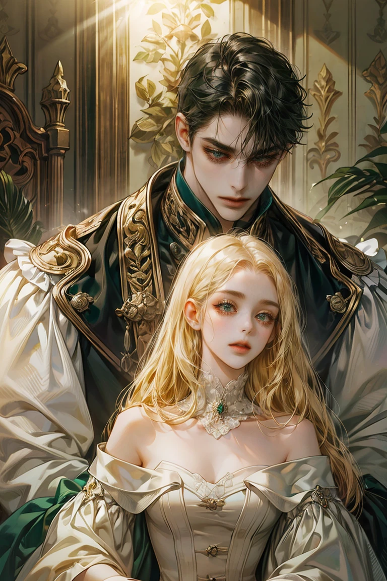 8k, complex, elegant, Very detailed, majestic, digital photography, surreal painting, victorian mansion, palace, detailed background, clear sky, beige mansion, (masterpiece, side light, fine and beautiful eyes: 1.2), HdR, (ojos verde brights)), victorian dress, ( bright), elegant girl, cana, musculature, White skin, elegant, in front of the camera, masterpiece, different hair colors, BLACK-haired MAN black hair. WOMAN WITH LONG BLONDE HAIR Cascading Down Her Shoulders. notable height difference, thin girl, robust muscular boy, wide shoulders, muscles, manly mature face, half body