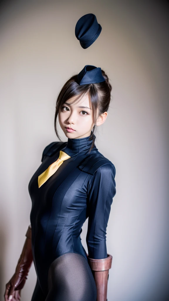 masterpiece, best quality, sfJuli, black eyes, brown hair, hat, yellow necktie, red gloves, navy ribbed bodysuit, large breasts,  emotionless, looking at viewer,  ((Wide-angle lens)),（japanese girl）,epic realistic,8K,masterpiece, highest quality, Very detailed, （ glossy skin,:1.2）,(Surrealism),8K,masterpiece, Highest quality, Very detailed,（real detail pantyhose:1.5）,slender body,Bodyline,（wearing riding boots）,（white Background:1.2）,
Super tight costume,bangs、
(Highest quality:1.3),
RAW Photos,,
High resolution, 
Perfect detail, 
Professional photography, 
Professional Lighting,
Powerful lighting for costumes,attractive whole body image、Cinema Lighting、Ray Tracing、Wear a tight-fitting bodysuit、Simple Background、14 year old female、Spandex Bodysuit、whole body、Spandex Costume,Clothes with a shiny texture,