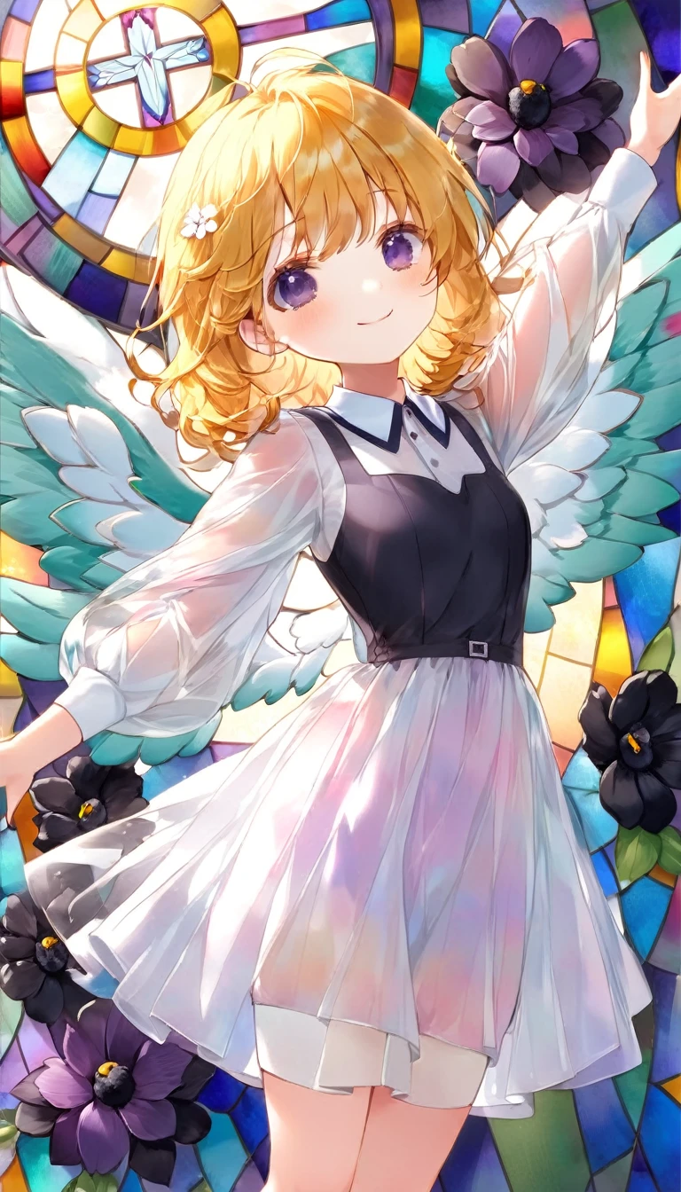 girl１people、 Long Hair, blue eyes, Blonde, dress, Exposing shoulders, clavicle, wing,Strapless, Strapless dress, Angelのwing, 白いwing, Angel, Angelの輪,Outdoor、A kind smile、blush、White Skirt、Micro Mini Skirt、Very short skirt、Show me your breasts、白いdress、((See-through))、((服がSee-through))、((See-through)),church、Stained glass、indoor、cross、Spread your arms、Put your arms forward、Black Flower、wingが舞う、wing、白いwing毛