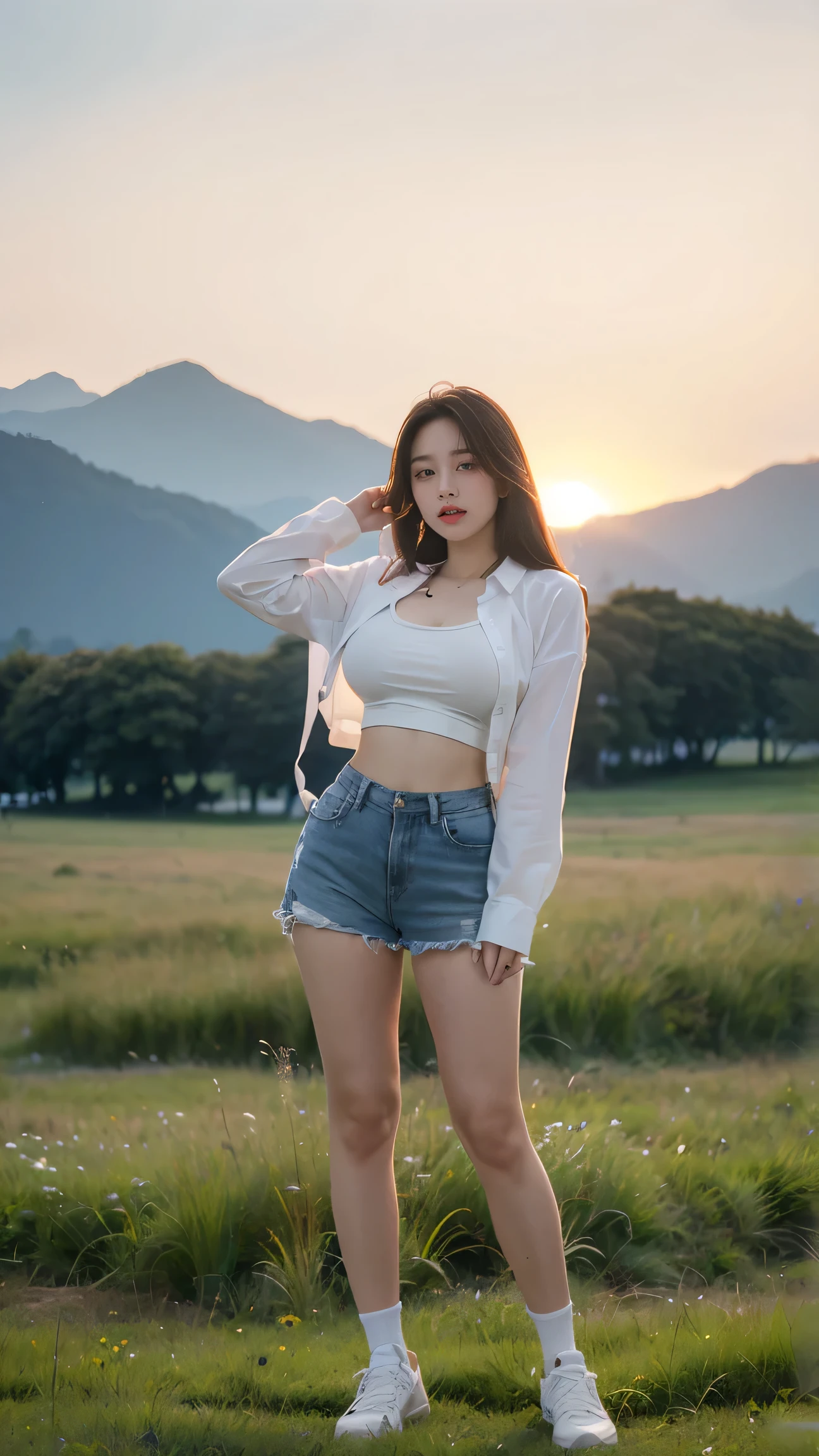 number, Ray Tracing, Radio City, Anisotropic filtration, 16,000, best quality, 1 woman, alone, mature,  beautiful young woman, shorts (((เสื้อกล้ามรัดรูป Plain Shirt shortsรัดรูป))) , Gradient long hair, laugh、sunset ,((big breasts)) (((Standing in a tall meadow))) Sit with your knees bent., The sneakers are on.