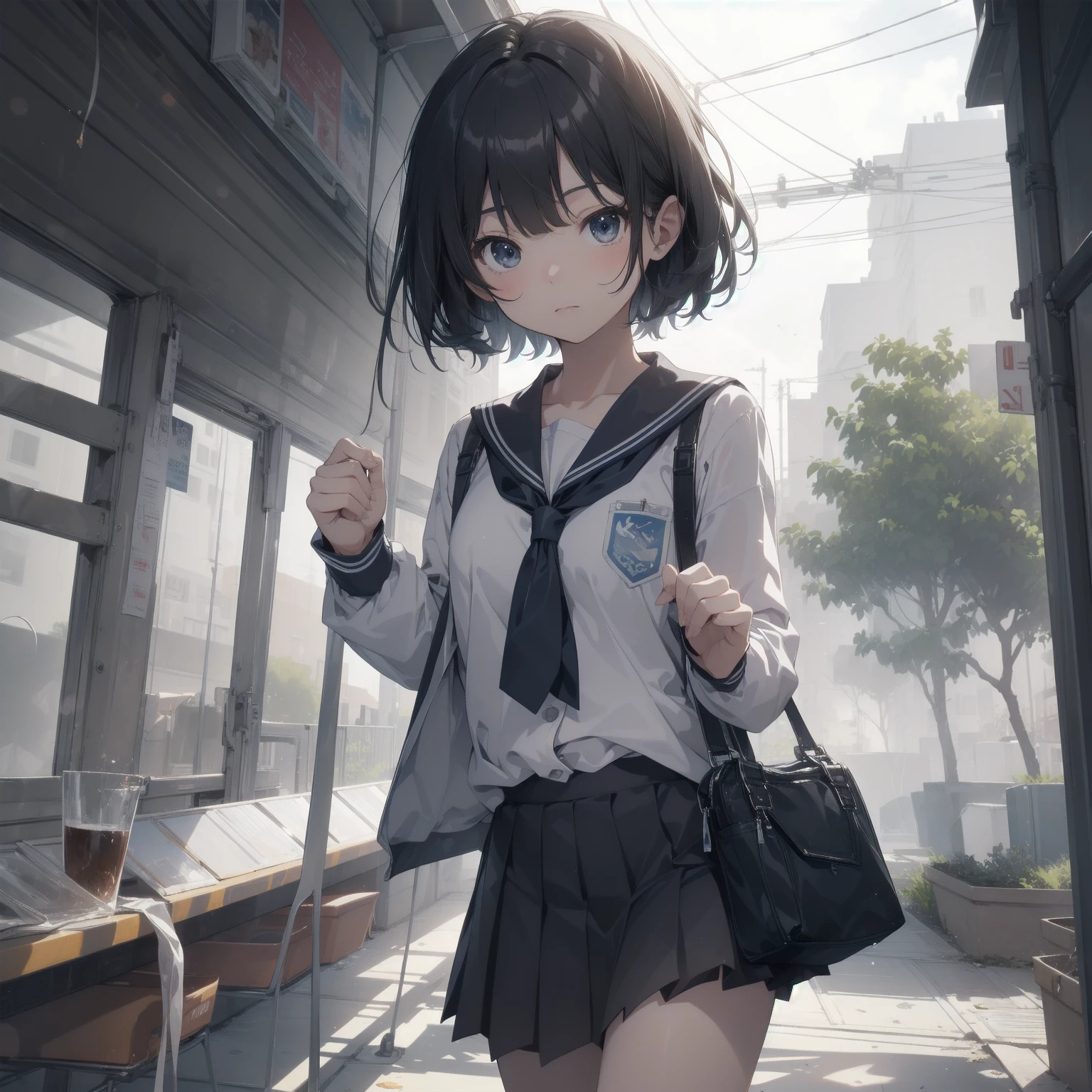 ultra-absurdres-Top quality by artist God, ultra-detailed, high resolution, anime moe artstyle, best anime 8k konachan wallpaper, pixiv contest winner, pool:2810, perfect anatomy,break, 1girl, (Please draw a girl walking sleepily to school alone. )break,(Solo,little female, -yeld:1.Full limbs, complete fingers,a junior hihort hair), short cut, flat chest, , small butt, small black eyes, beautiful detailed eyes, well-proportioned iris and pupils, expressive eyes, highres detailed hair, soft expression, salor school_uniform, sailor collar, serahuku, bow, pleated skirt,(Detailed Lighting), (Detailed background), in the School commute route. break,super detailed skin, Best cinematic lighting powered by famous artist, 8k,beauty illustration,photoshop_(medium),very aesthetic,break,((artist:fujima_takuya )), artist:clamp ,artist:carnelian ,artist:kantoku ,
