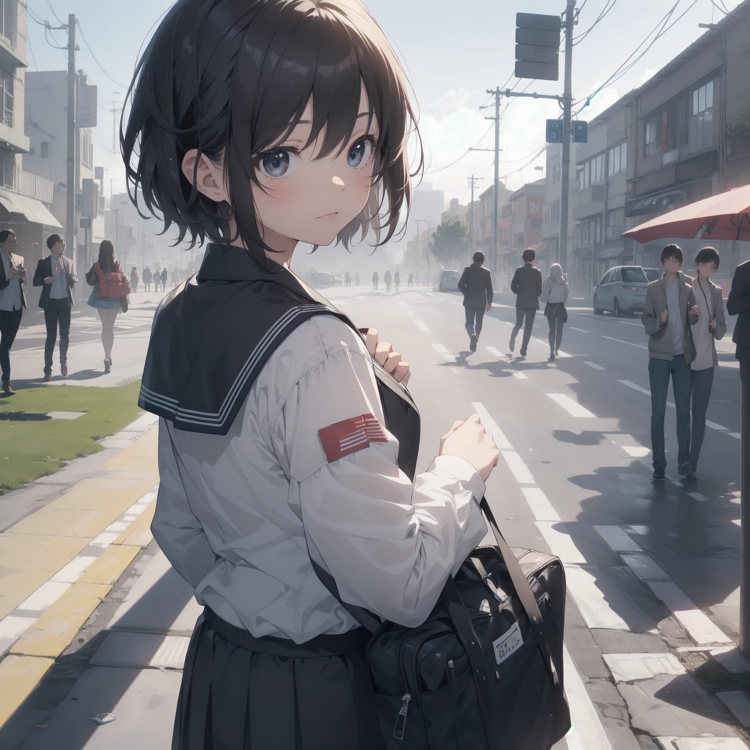 ultra-absurdres-Top quality by artist God, ultra-detailed, high resolution, anime moe artstyle, best anime 8k konachan wallpaper, pixiv contest winner, pool:2810, perfect anatomy,break, 1girl, (Please draw a girl walking sleepily to school alone. )break,(Solo,little female, 13-year-old:1.3),Full limbs, complete fingers,a junior high school student, (very short hair), short cut, flat chest, , small butt, small black eyes, beautiful detailed eyes, well-proportioned iris and pupils, expressive eyes, highres detailed hair, soft expression, salor school_uniform, sailor collar, serahuku, bow, pleated skirt,(Detailed Lighting), (Detailed background), in the School commute route. break,super detailed skin, Best cinematic lighting powered by famous artist, 8k,beauty illustration,photoshop_(medium),very aesthetic,break,((artist:fujima_takuya )), artist:clamp ,artist:carnelian ,artist:kantoku ,
