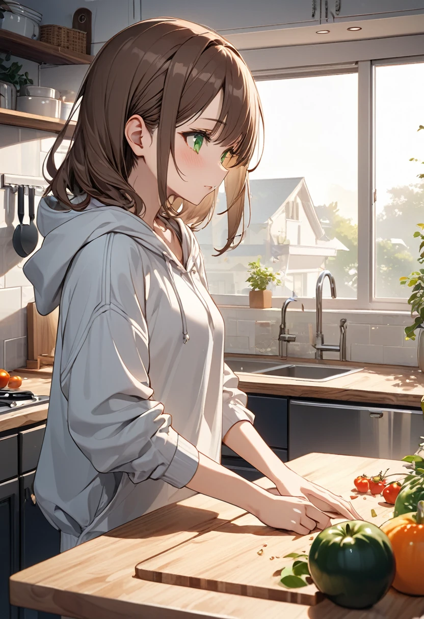 Brown-haired girl、green eyes、Calm Afternoon - Very detailed、masterpiece, Highest quality, Bright - With a bright kitchen as the background、Relaxed facial expression、Casual clothing、wearing hoodie、chopping vegetables on the chopping board、(side view), (Detailed fingers), (Emotional), (Breathtakingly beautiful), (main part:1.2 Whole body), (Anime Style), (Very detailed), (超High resolution, High resolution), (8k), (Complex and beautiful: 1.2)