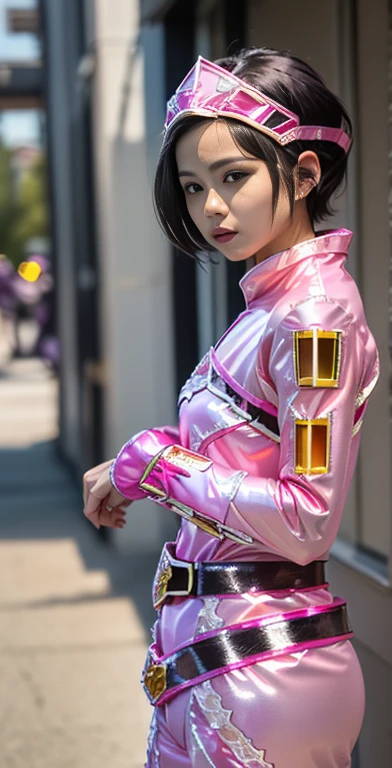 （8K、Raw photography、highest quality、masterpiece：1.2),(black haired、very short hair:1.8),(twin mitsu braid:1.4)、show viewer,Looking at the front,erotic,白いskin,(Wearing a shiny pink ranger costume:1.9)、()、(Clothing that emphasizes the shape of your chest、publish one&#39;skin:1.6)、(big breasts :1.5)、slim body shape、ultra high resolution,beautiful,beautiful fece,(alone、no background:1.9),whole bodyボディー,japanese woman,（Photoreal：1.37）、photon mapping,reality、(-face cute: 1.3)、(cute smile: 1.7)、(With a round face: 1.7)、radio city、Physically based rendering、depth of field rally background、photograph, (I can see your knees、short skirt、I can see your panties、close up of thighs:1.8),（polka dot panties:1.4）,whole body、super fine