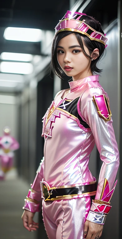 （8K、Raw photography、highest quality、masterpiece：1.2),(black haired、very short hair:1.8),(twin mitsu braid:1.4)、show viewer,Looking at the front,erotic,白いskin,(Wearing a shiny pink ranger costume:1.9)、()、(Clothing that emphasizes the shape of your chest、publish one&#39;skin:1.6)、(big breasts :1.5)、slim body shape、ultra high resolution,beautiful,beautiful fece,(alone、no background:1.9),whole bodyボディー,japanese woman,（Photoreal：1.37）、photon mapping,reality、(****-***** and cute: 1.3)、(cute smile: 1.7)、(With a round face: 1.7)、radio city、Physically based rendering、depth of field rally background、photograph, (I can see your knees、short skirt、I can see your panties、close up of thighs:1.8),（polka dot panties:1.4）,whole body、super fine