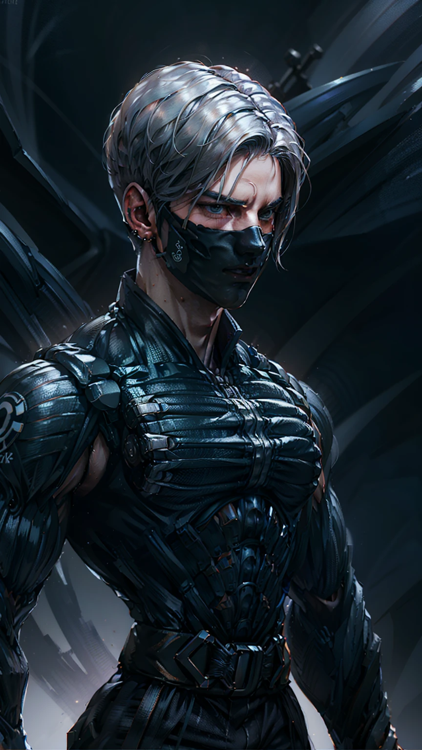 {Best Quality, 8k, Masterpiece}, (Realistic), [[Male]], [[White Hair]], ((Middle Part Haircut)), (Earrings), (Mask)
