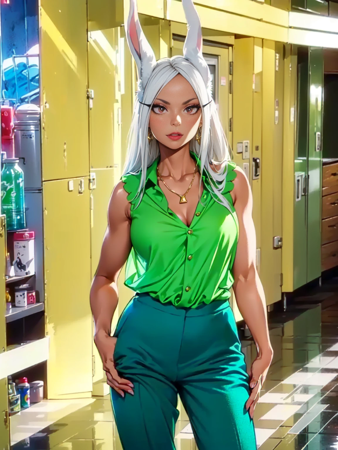 (((1girl, solo, mirko, mirkomha, boku no hero academia, (white hair, red eyes, long hair, rabbit ears, dark skin), lipstick, gold earrings, muscular, fitness)), sensual pose, Beautiful, diamond necklace)), ((solo, 1woman, pink lipstick, Extremely detailed, ambient soft lighting, 4k, perfect eyes, a perfect face, perfect lighting, a 1girl)), austere, ((fitness,, shapely body, athletic body, toned body)), ((green blouse, sleeveless blouse, lime green blouse, green dress pants, dark green pants, studio, hallway, glass walls, backstage, emerald necklace))