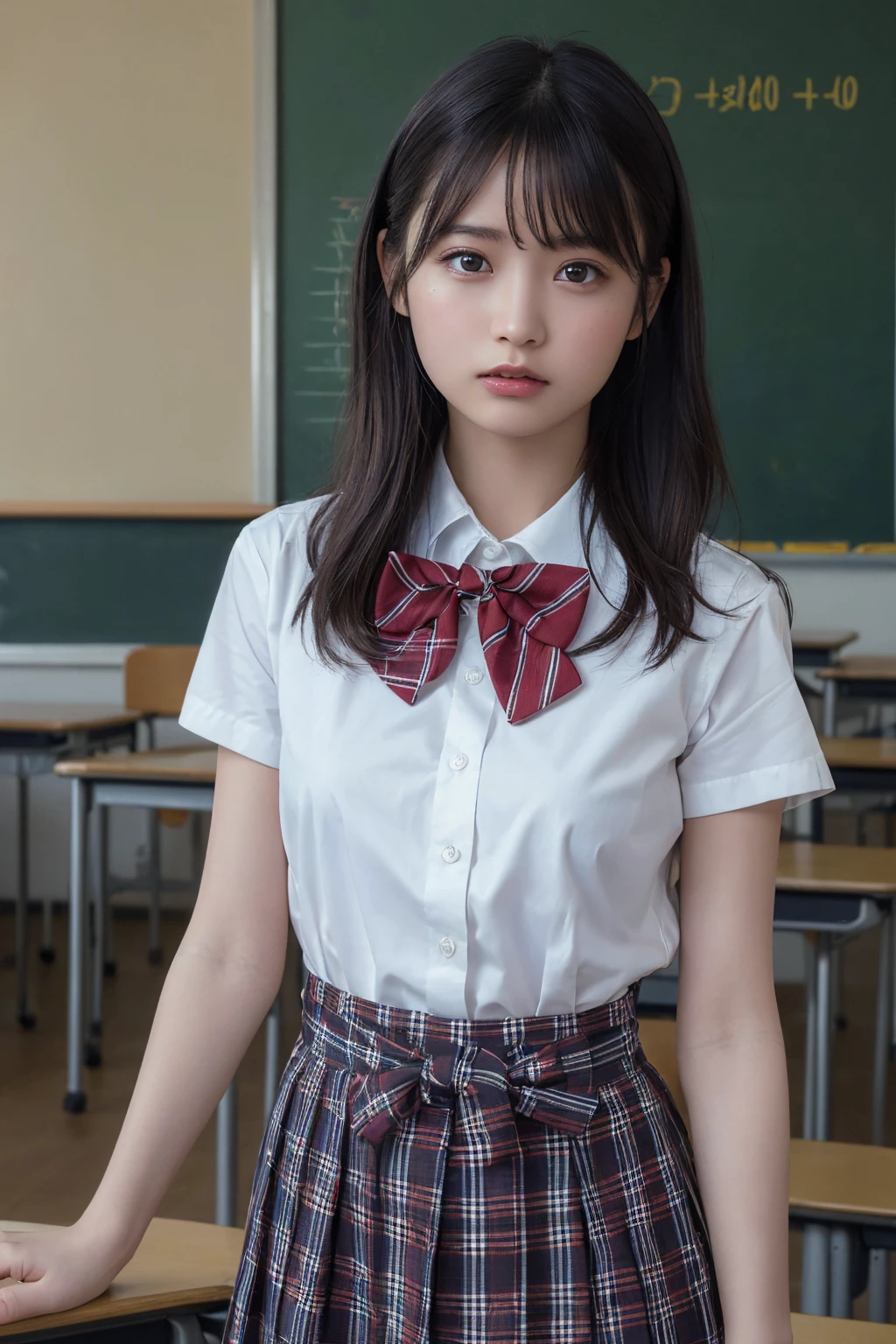 (Highest quality:1.4),(masterpiece:1.4),(Realistic:1.4),(Realistic:1.2),(超High resolution, RAW Photos:1.4),(High resolution, Ultra-detailed:1.2),(8k:1.2),Cinematic photography,a photo of a dark-haired,One girl,alone,wear ,Checked skirt,Knee-high,bow tie,Are standing,((School classroom)),((Upper Body:1.3))