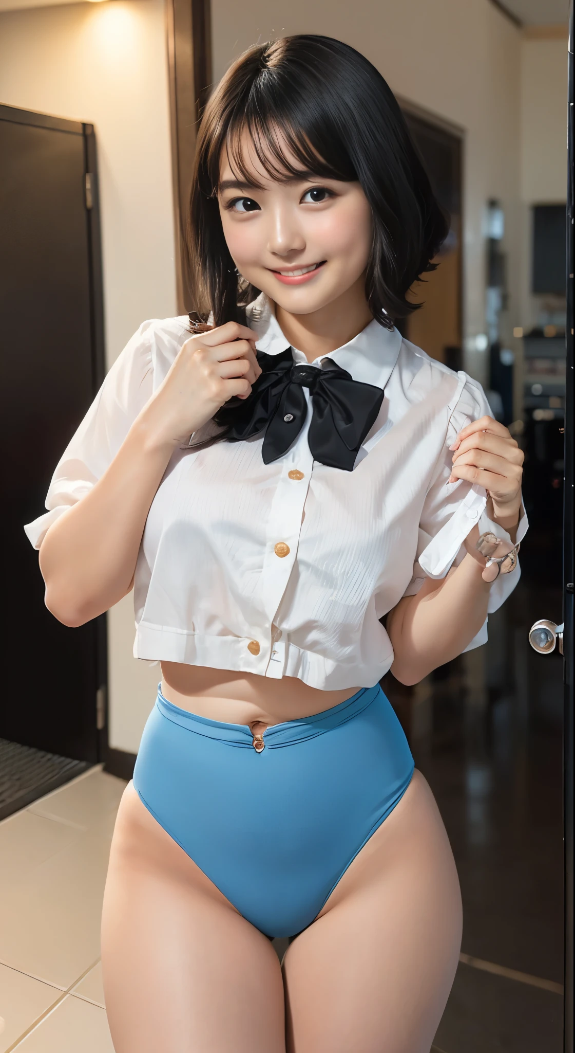 （8k、Raw photography、Highest quality、masterpiece：1.2),(Black Hair、Dark Eyes:1.9),(:1.6)、View your viewers,Front view,White skin,(:1.4)、(Tight waist:1.6)、(Clothes that accentuate the shape of the breasts:1.0)、(Big Breasts :1.3)、Slim figure、Ultra-high resolution,beautiful,beautiful fece,(One person、No background:1.9),whole bodyボディー,Japanese women,（reality的：1.37）、Photon Mapping,reality、(-faced and cute: 1.4)、(Cute Smile: 1.8)、(Round face: 1.8)、Radio City、Physically Based Rendering、Depth of field rally background、photograph, (I can see your knees、Thigh close-up:1.8),（:1.6）,whole body、Great quality