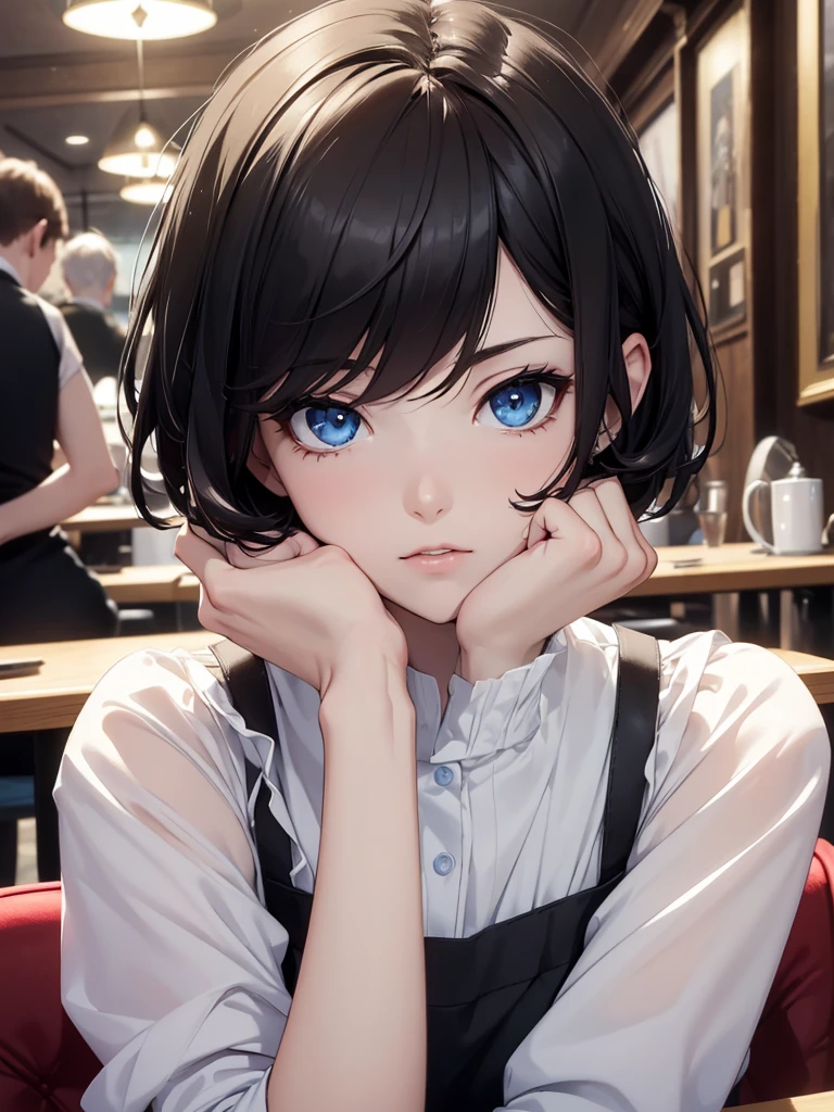 (8K, Best Quality, Masterpiece, Ultra High Resolution) Single Person, 1 Woman, Cute Eyes, Face Details, Pale Skin, Slender, Short, Black Hair, Short Hair, Blue Eyes, Black Outfit, Sitting at Table, Cafe, Best Quality, Upper Body, Looking at the Viewer, Facing Viewer, Close Up