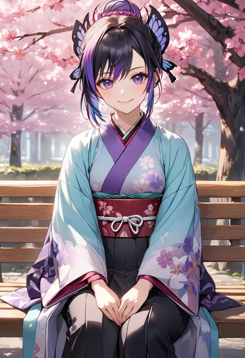 an anime woman in a blue and black colored kimono sits on a bench, 1girl, solo, demon slayer uniform, kochou shinobu, hair ornament, butterfly hair ornament, japanese clothes, black hair, sitting, purple eyes, haori, purple hair, belt, multicolored hair, smile, long sleeves