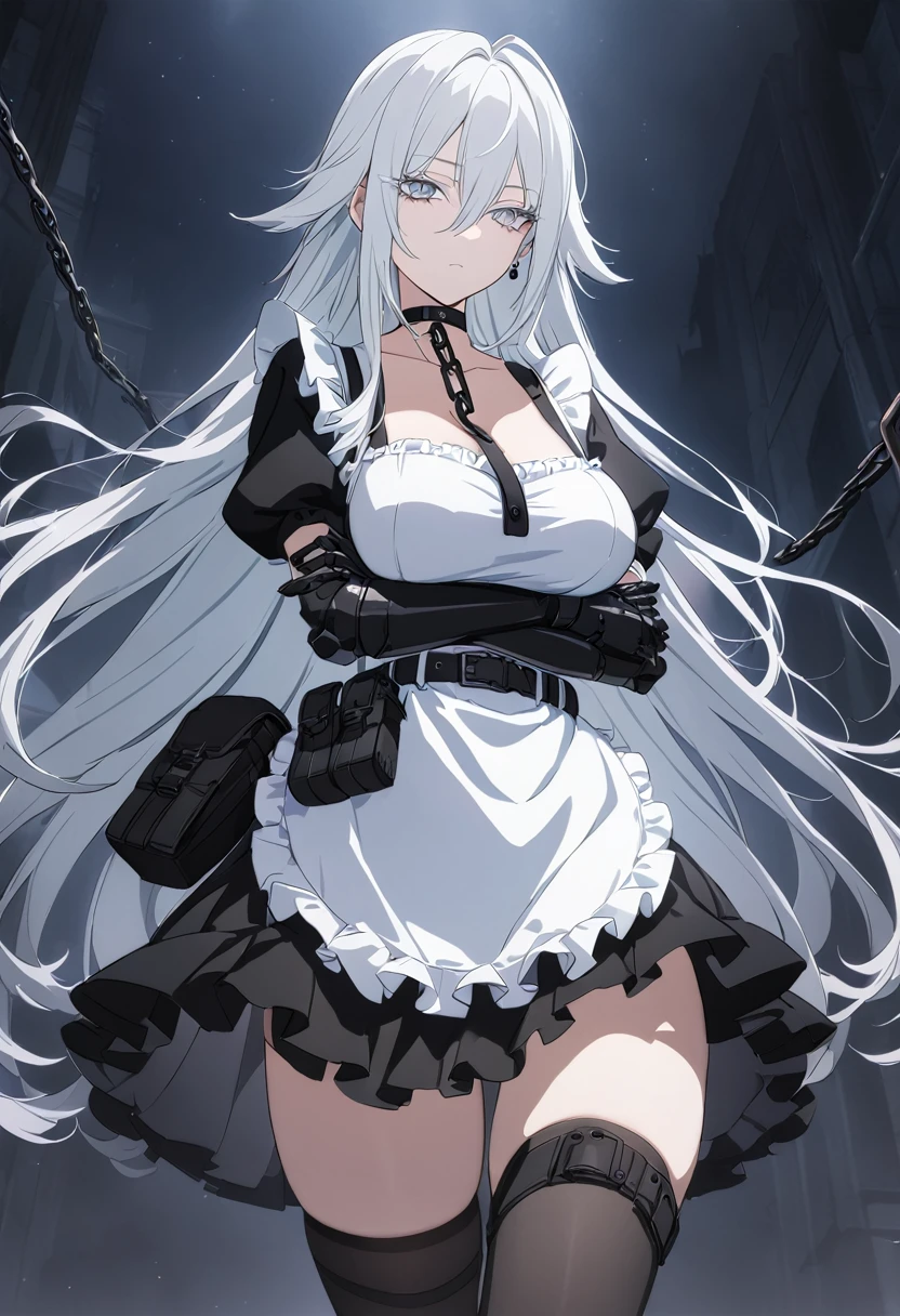sovetsky_Soyuz, grey eyes , long hair, earrings, choker, webbed belt, tactical, pouches, chain, black maid outfit, frills, apron, weapon Holster, webbed belt, tactical, pouches, frilly skirt, metal gloves, black thigh highs, high heeled boots, large breasts, Long eyelashes, eye shadow, long white hair, ominous vibe, expressionless, stoic, arms crossed, grand manor manor, shadowy, Ultra quality, UHD, high detail, anime aesthetic, Anime screenshot, Ultra quality, UHD, high detail, full body