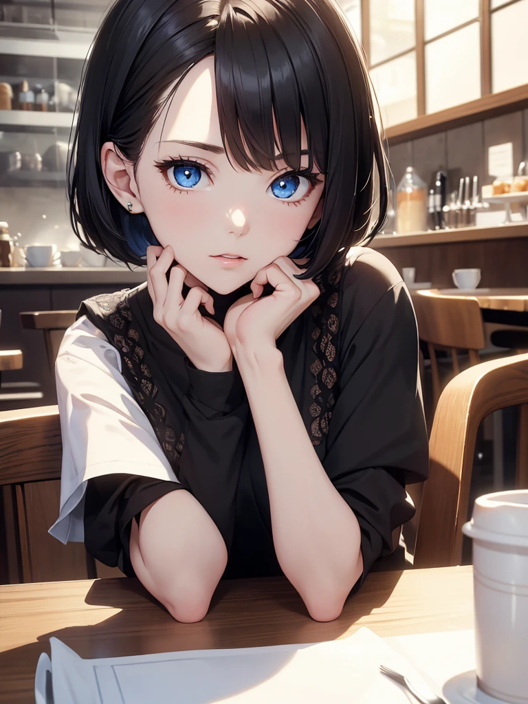 (8K, Best Quality, Masterpiece, Ultra High Resolution) Single Person, 1 Woman, Cute Eyes, Face Details, Pale Skin, Slender, Short, Black Hair, Short Hair, Blue Eyes, Black Outfit, Sitting at Table, Cafe, Best Quality, Upper Body, Looking at the Viewer, Facing Viewer, Close Up