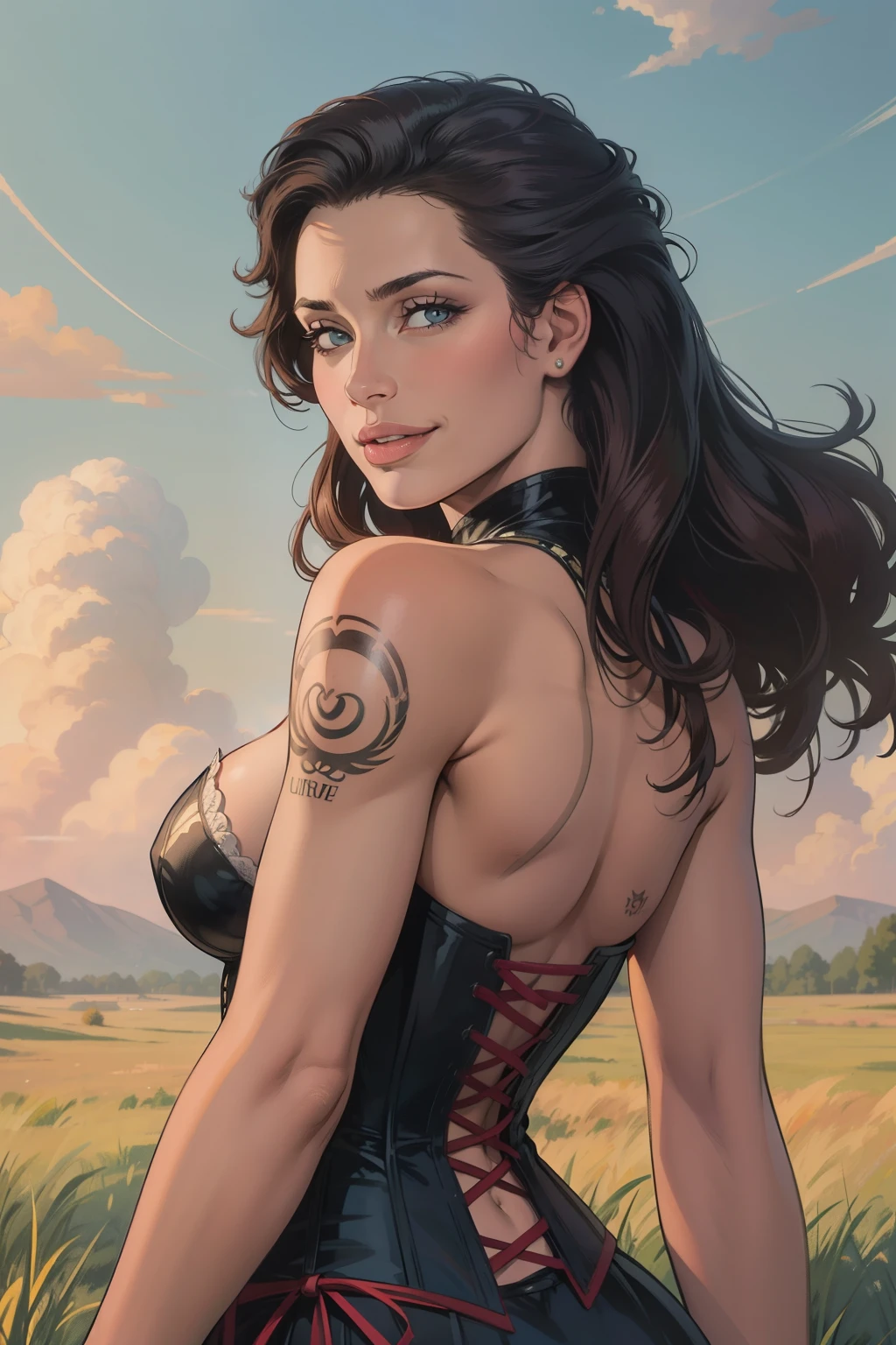 photorealistic, semirealistic, solo, photorealistic, best quality, ultra high res, 1girl, brunette straight volume long f hair , wearing a dress with corset, breeze blowing through the grass,, , 1girl,, beautiful, masterpiece, best quality, extremely detailed face, perfect lighting, 1girl, solo,, , best quality, ultra high res, photorealistic,, ultra detailed,, masterpiece, best quality, , cleavage, tattoo, smirk, seductive smile, corset
