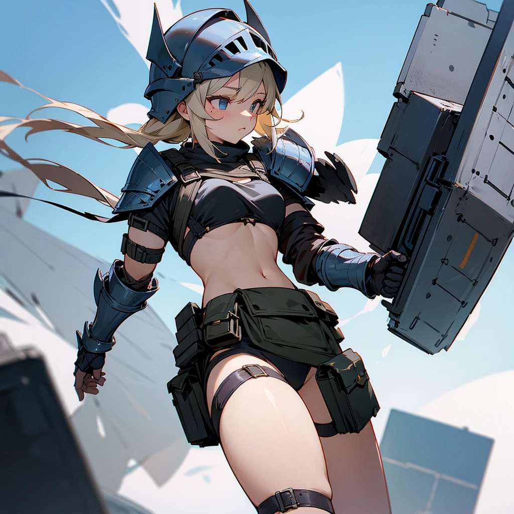 Girl, bikini, heavy armor, black balaclava, helmet, leg pouch, crop top