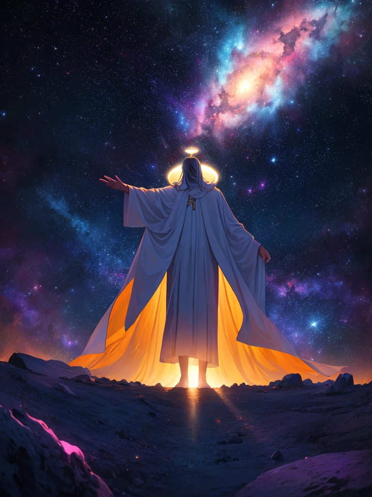 In a majestic cosmic landscape, a robed figure, bathed in a soft, ethereal light, reaches out towards a giant, glowing hand descending from the heavens. The figure, adorned with a halo symbolizing holiness, stands against a mesmerizing backdrop filled with stars, galaxies, and vibrant nebulae in hues of blue, purple, and orange.