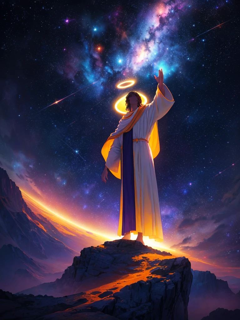 In a majestic cosmic landscape, a robed figure, bathed in a soft, ethereal light, reaches out towards a giant, glowing hand descending from the heavens. The figure, adorned with a halo symbolizing holiness, stands against a mesmerizing backdrop filled with stars, galaxies, and vibrant nebulae in hues of blue, purple, and orange.