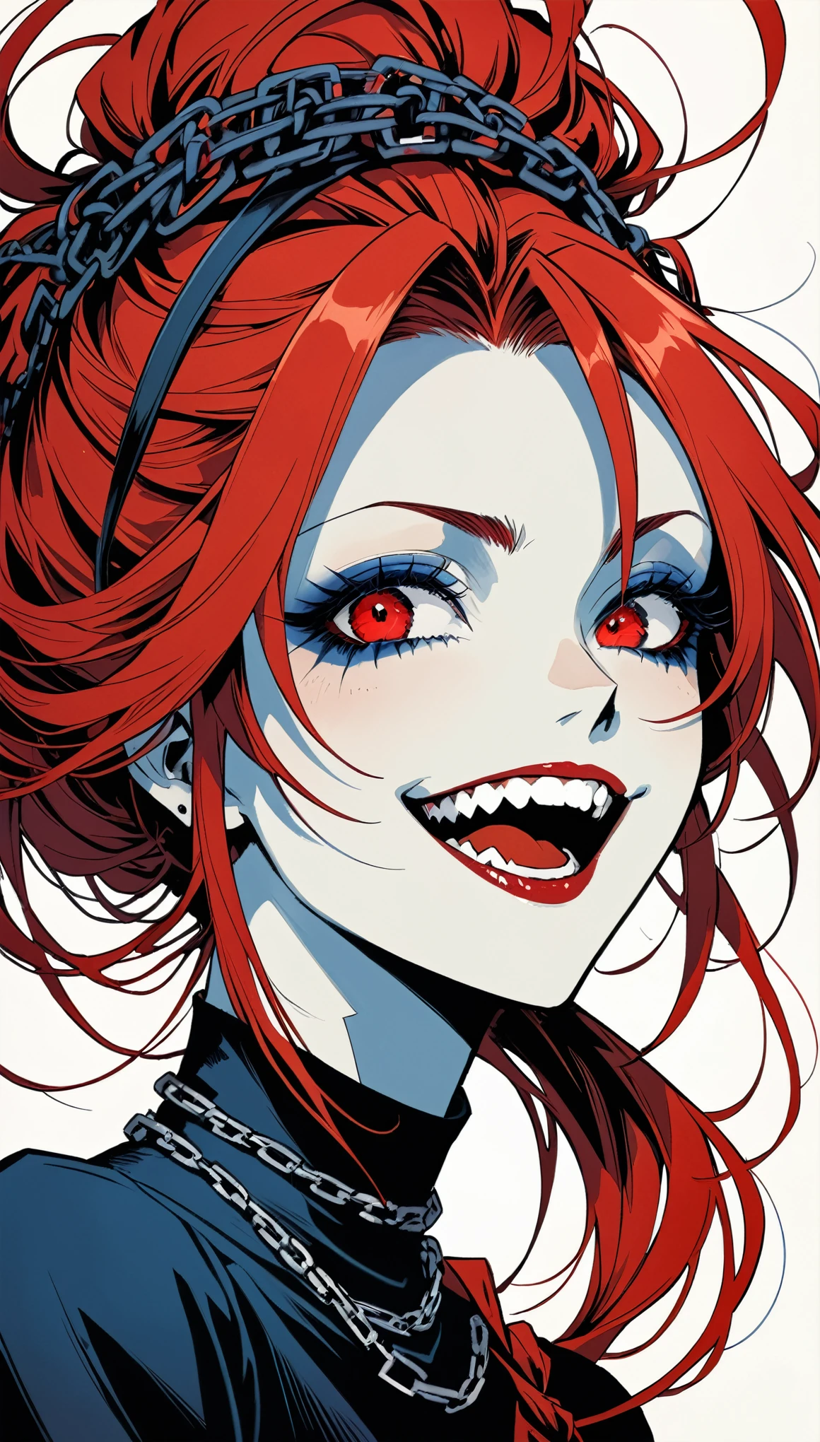 in style of Gris Grimly,in style of Hans Hartung,in style of Henrietta Harris
{with the text:"Angles is Fallen":1.4},1girl,captivating gaze,multi-tied hair,black chain,dynamic_angle,the middle moment when the eyes are dyed from blue to red,laughing,evil smile