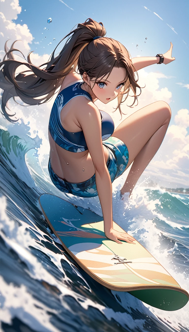 Huge waves,Splashing water.girl with high ponytail,Colorful highlighted hair, dark ash brown long hair,, highly detailed eyes,Surfer riding a wave,Control the skateboard with your body.Under the blue sky and white clouds,Waves rise and fall on the sea,Form beautiful curves .Surfers riding rough waves,Enjoy the excitement and (best quality,4K,8k,high resolution,masterpiece:1.2),Super detailed,(Practical,photoPractical,photo-Practical:1.37), water surf board with the fins, best angle for photography