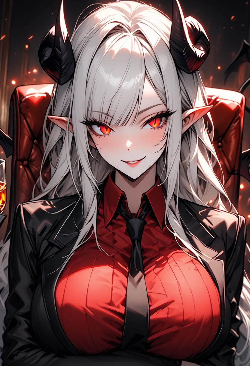 solo, female, long white hair, straight bangs, black goat horns, pointed ears, red eyes, slit pupils, huge breasts, tall, male business suit, red shirt, spade tail, black demon wings, black business jacket, black slacks:0.3, relaxed, smirk, luxurious, leather chair, close up, luxurious, cigarette, smoke:1.2, whisky glass, partially unbuttoned shirt