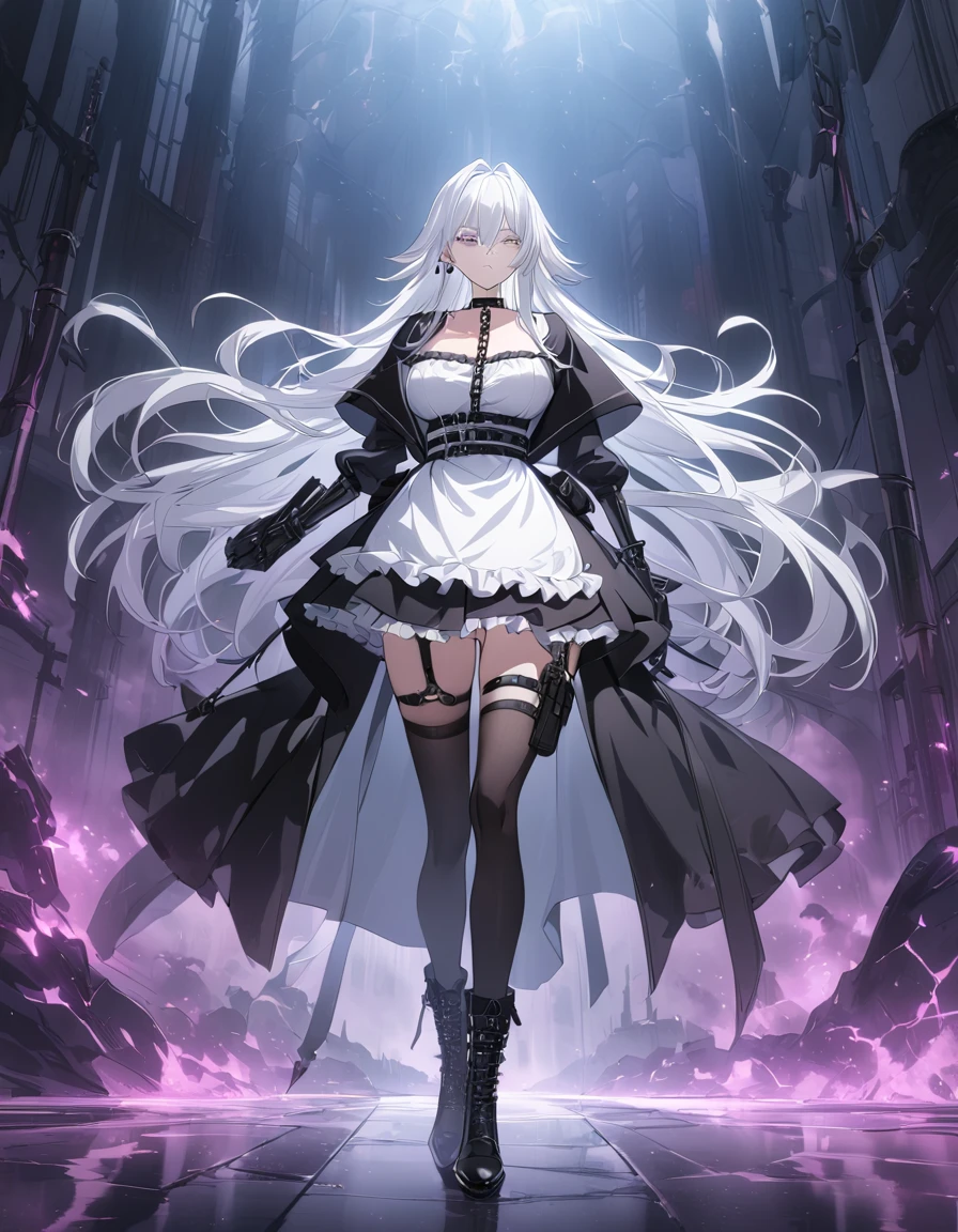 sovetsky_Soyuz, grey eyes , long hair, earrings, choker, webbed belt, tactical, pouches, chain, black maid outfit, frills, apron, weapon Holster, webbed belt, tactical, pouches, frilly skirt, metal gloves, black thigh highs, high heeled boots, large breasts, Long eyelashes, eye shadow, long white hair, ominous vibe, expressionless, stoic, arms crossed, grand manor, shadowy, Ultra quality, UHD, high detail, anime aesthetic, Anime screenshot, Ultra quality, UHD, high detail, full body picture