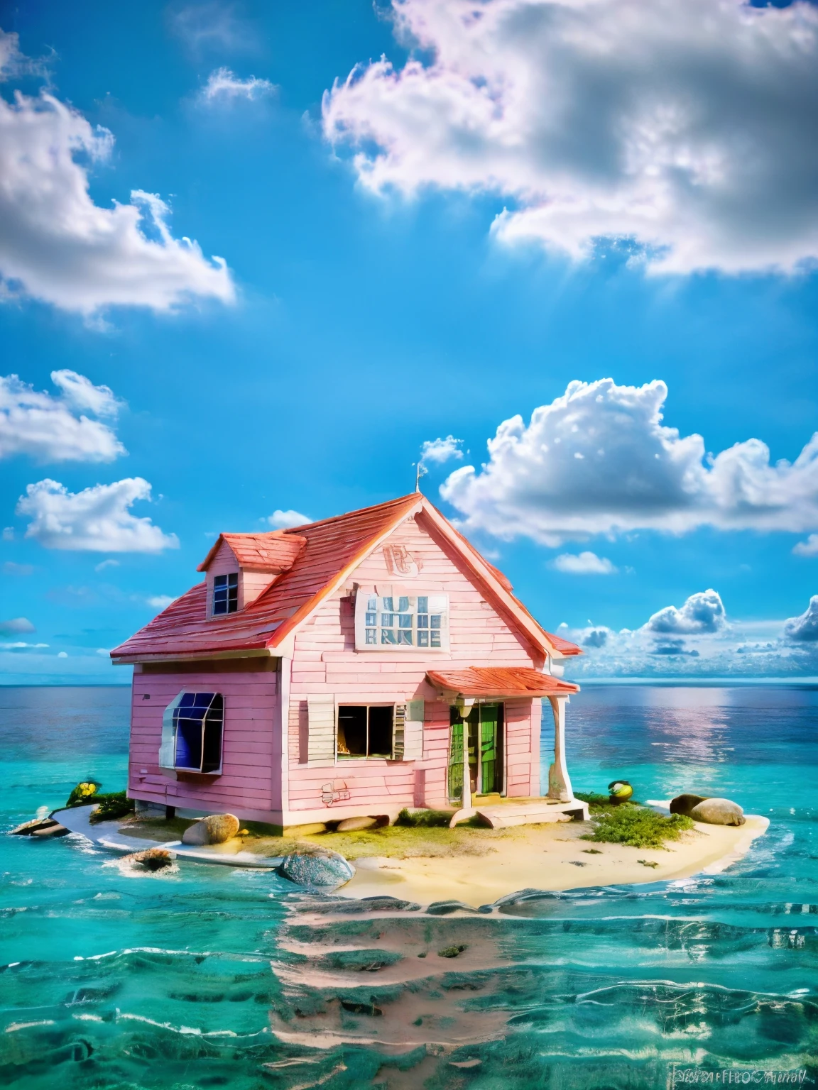 (masterpiece:1.2, best quality:1.2), professional lightings, cinematic lightings, 8k wallpaper, ultra realistic portrait of sea turtle, (ultra realistic exterior of Kame house, ultra detailed exterior of Kame house, pink color painted wall, red roof, small beach in front, palm trees & ocean), ((sea turtle on the sand)), 