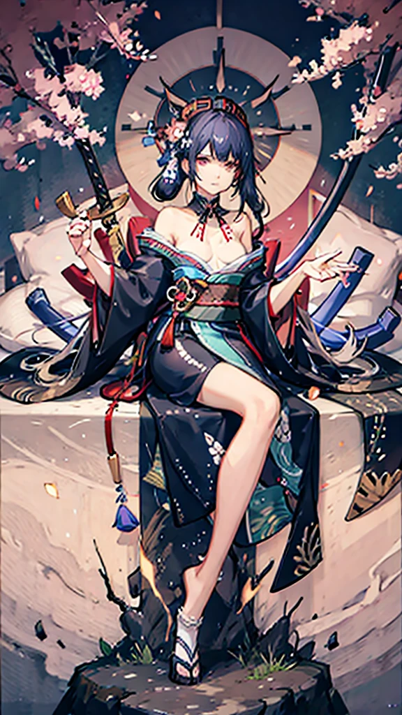 (((((roll up bandage sideways on a chest tightly to cover the chest without gaps))))), (((bandage samweways))), the bantage is no chest shape, flat chest, ((Japanese Gangster BOSS)), adult woman with the dignified presence, Killing Qi, wear nothing around shoulder, wear nothing around neck, wear the kimono, wear it below the waist, (I wind it up to control it, and to attach it), ((kimono come off)) ,wear the kimono multiple times, Bare shoulders and the clavicle, black and gold kimono, put on over jacket of kimono, (holding a japanese sword which shine in purple, The handole of the sword is black, and the blade is gray, long sword), eye fire, low angle, whole body, bandage is seen, anime character, Glaring, off sholder, nappropriate smile, Excellent, black blue hair, can see both shoulder, ((long kimono hem)), small face, ((some cherry blossam big tattoo on the arm)),((Sit with your legs folded)), ((background Japanese gate with circlr mark)),Muscular,drink sake,fullmoon in the sky, hide legs, The kimono is spreading,(((ultra-detailed)))