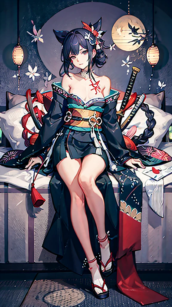 (((((roll up bandage sideways on a chest tightly to cover the chest without gaps))))), (((bandage samweways))), the bantage is no chest shape, flat chest, ((Japanese Gangster BOSS)), adult woman with the dignified presence, Killing Qi, wear nothing around shoulder, wear nothing around neck, wear the kimono, wear it below the waist, (I wind it up to control it, and to attach it), ((kimono come off)) ,wear the kimono multiple times, Bare shoulders and the clavicle, black and gold kimono, put on over jacket of kimono, (holding a japanese sword which shine in purple, The handole of the sword is black, and the blade is gray, long sword), eye fire, low angle, whole body, bandage is seen, anime character, Glaring, off sholder, nappropriate smile, Excellent, black blue hair, can see both shoulder, ((long kimono hem)), small face, ((some cherry blossam big tattoo on the arm)),((Sit with your legs folded)), ((background Japanese gate with circlr mark)),Muscular,drink sake,fullmoon in the sky, hide legs, The kimono is spreading,(((ultra-detailed)))
