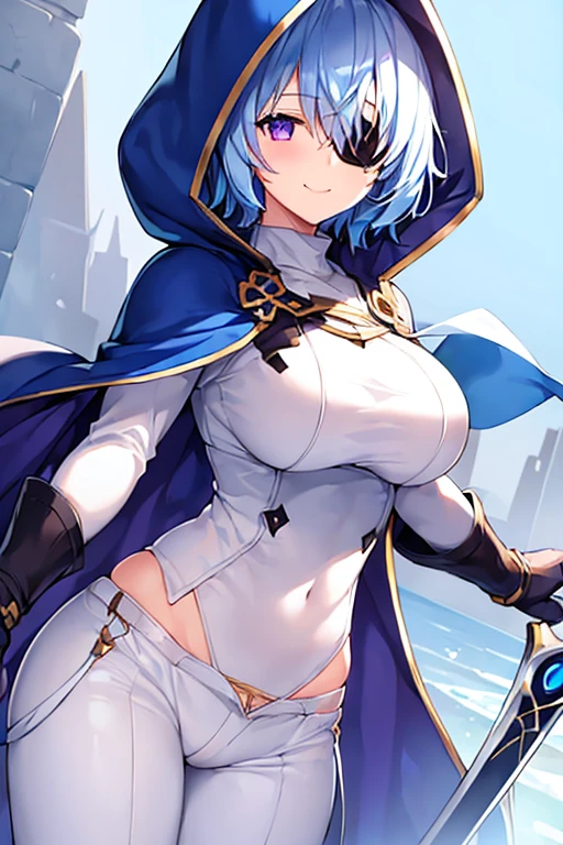 1girl, large breasts, light blue hair, purple eyes, one eye covered, eyepatch, ((eyepatch)), short hair, smile, light smile, cloak, white cloak, white hood, belt, white pants, white clothes, hood up, pants, ((pants)), hourglass figure, bow