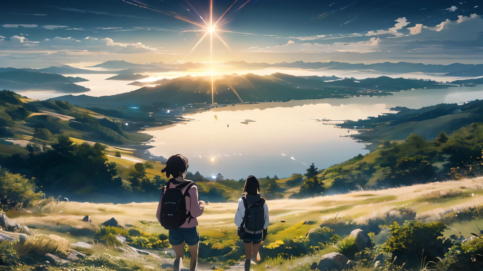 Vast Sky, A beautiful skyline in light pink, Vast grassland, Very tense and dramatic photo, Moving visual effects, The North Star Hanging High, Colorful natural light. Long sleeve tops, Denim shorts, Girl carrying a backpack, Panoramic view from above, Capturing the vastness of nature. Soft lighting creates a warm atmosphere.