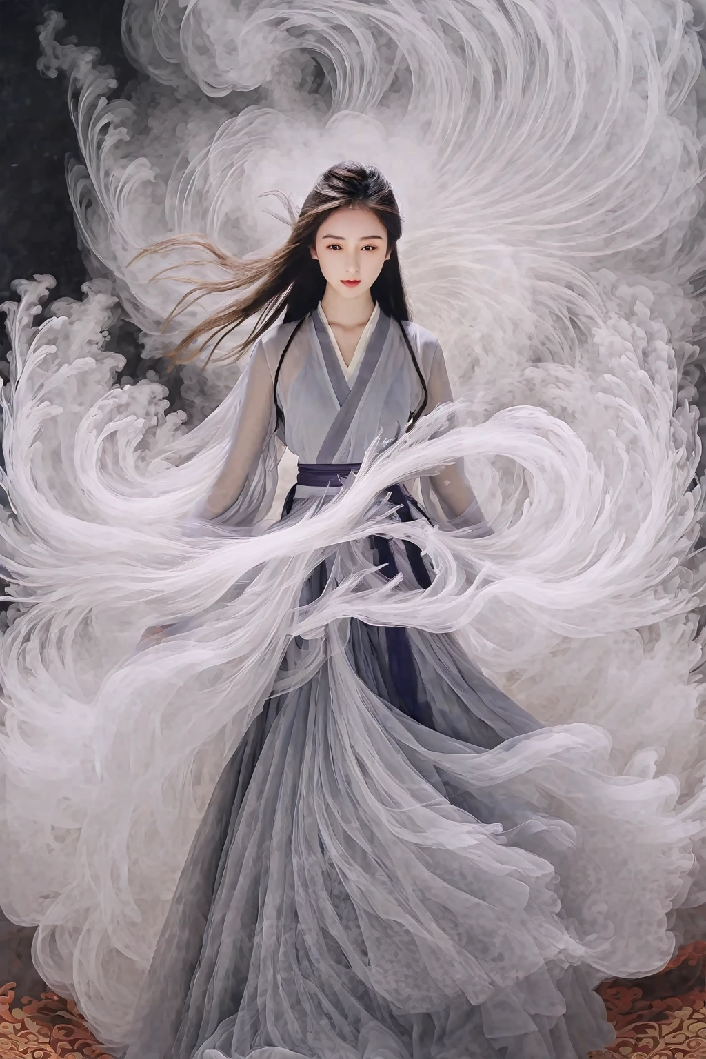 wuxia girl,The hem of Hanfu looks like smoke,Fractal art,long hair,cyclone,raise arms,whole body
