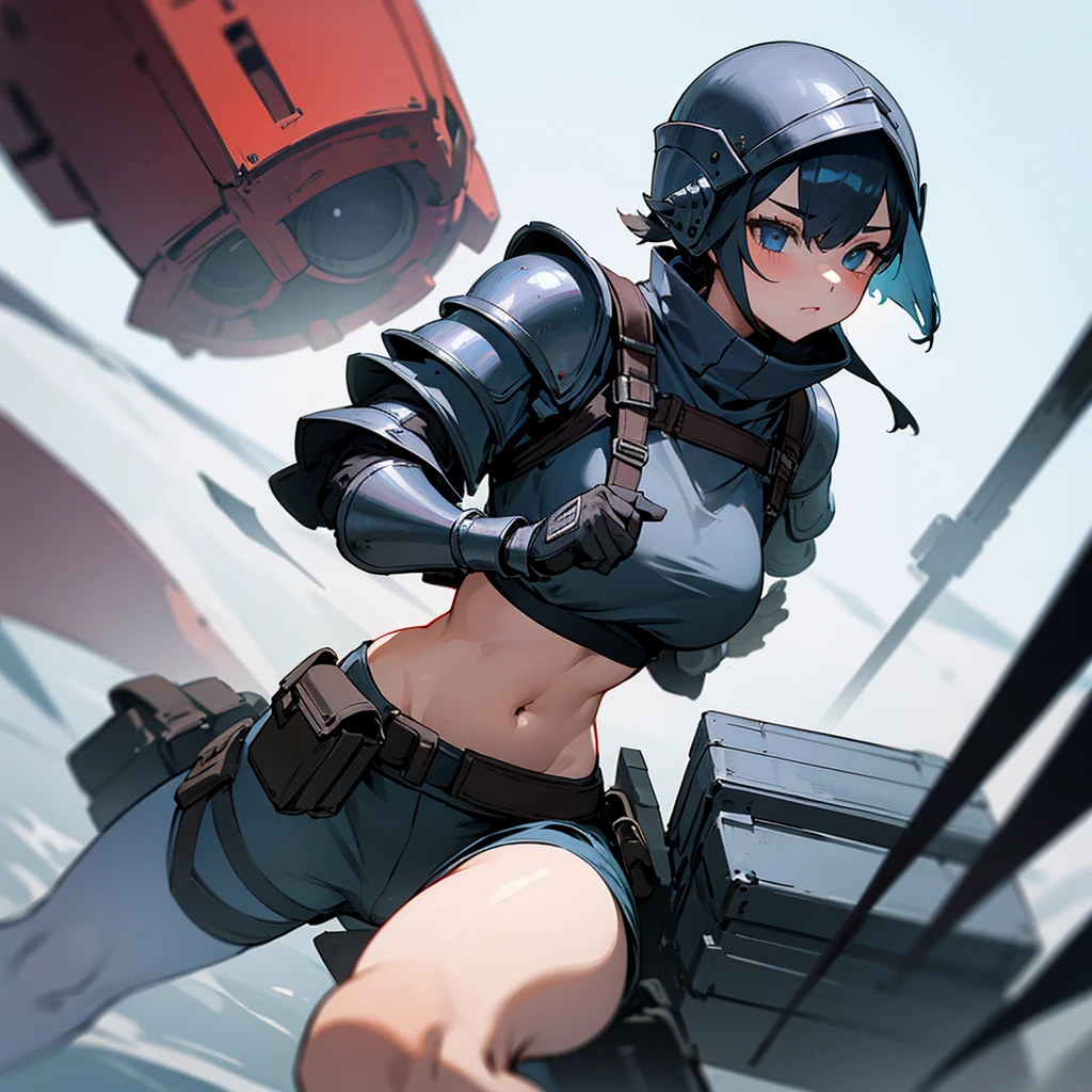 Girl, heavy armor, black balaclava, helmet, leg pouch, crop top