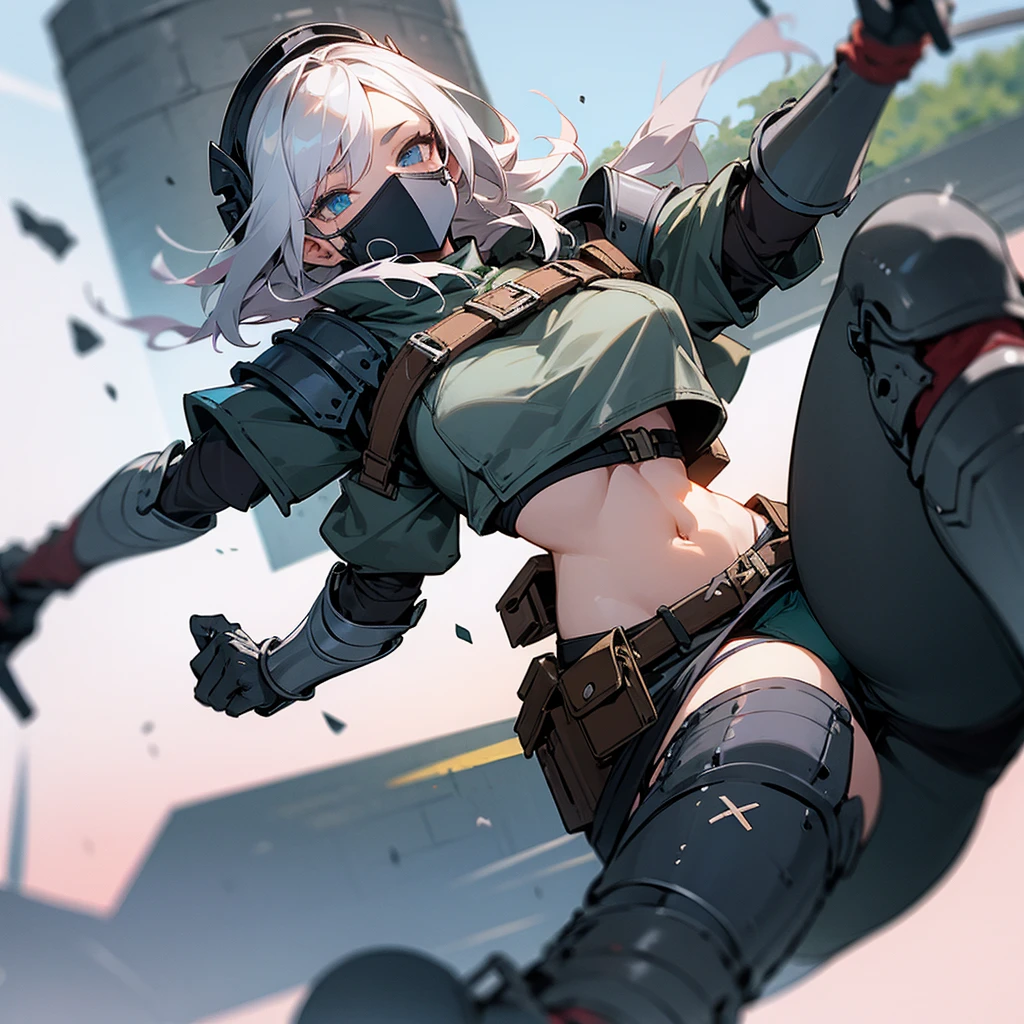 Girl, heavy armor, black balaclava, helmet, leg pouch, crop top