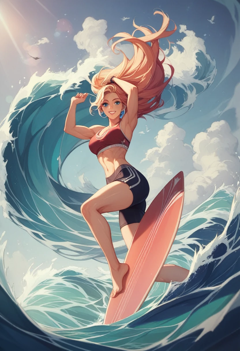 Female surfer riding a wave in the ocean early in the morning with the surfboard、surfing、 big wave surfing、Tube Wave、surfing photos、Extreme Sports Photography、(Highest quality, masterpiece, High resolution)、8k、wallpaper