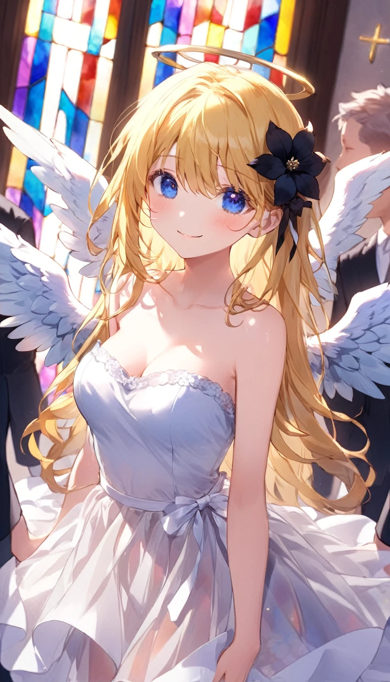 girl1people、 Long Hair, blue eyes, Blonde, dress, Exposing shoulders, clavicle, wing,Strapless, Strapless dress, Angelのwing, 白いwing, Angel, Angelの輪,Outdoor、A kind smile、blush、White Skirt、Micro Mini Skirt、Very short skirt、Show me your breasts、白いdress、((See-through))、((服がSee-through))、((See-through)),church、Stained glass、indoor、cross、Spread your arms、Put your arms forward、Black Flower、Feathers fluttering、Surrounded by men、Man is watching、male enhancement