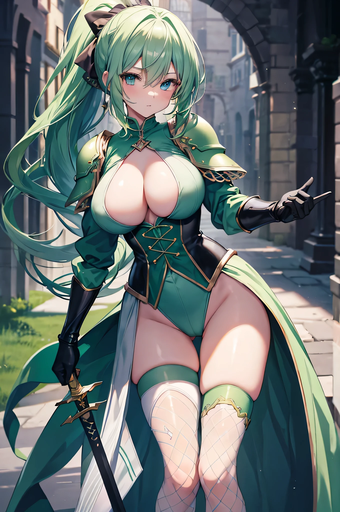 4K,High resolution,One Woman,Green Hair,Long Ponytail,Blue Eyes,Big Breasts,knight,White high leg leotard armor,Full Armor,Green gloves,Green shoes,Black fishnet stockings,Jewelry decoration,Long sword,Medieval town