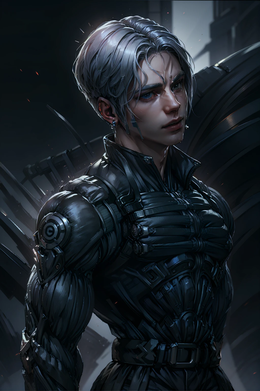{Best Quality, 8k, Masterpiece}, (Realistic), [[Male]], [[White Hair]], ((Middle Part Haircut)), (Earrings), (Mask)