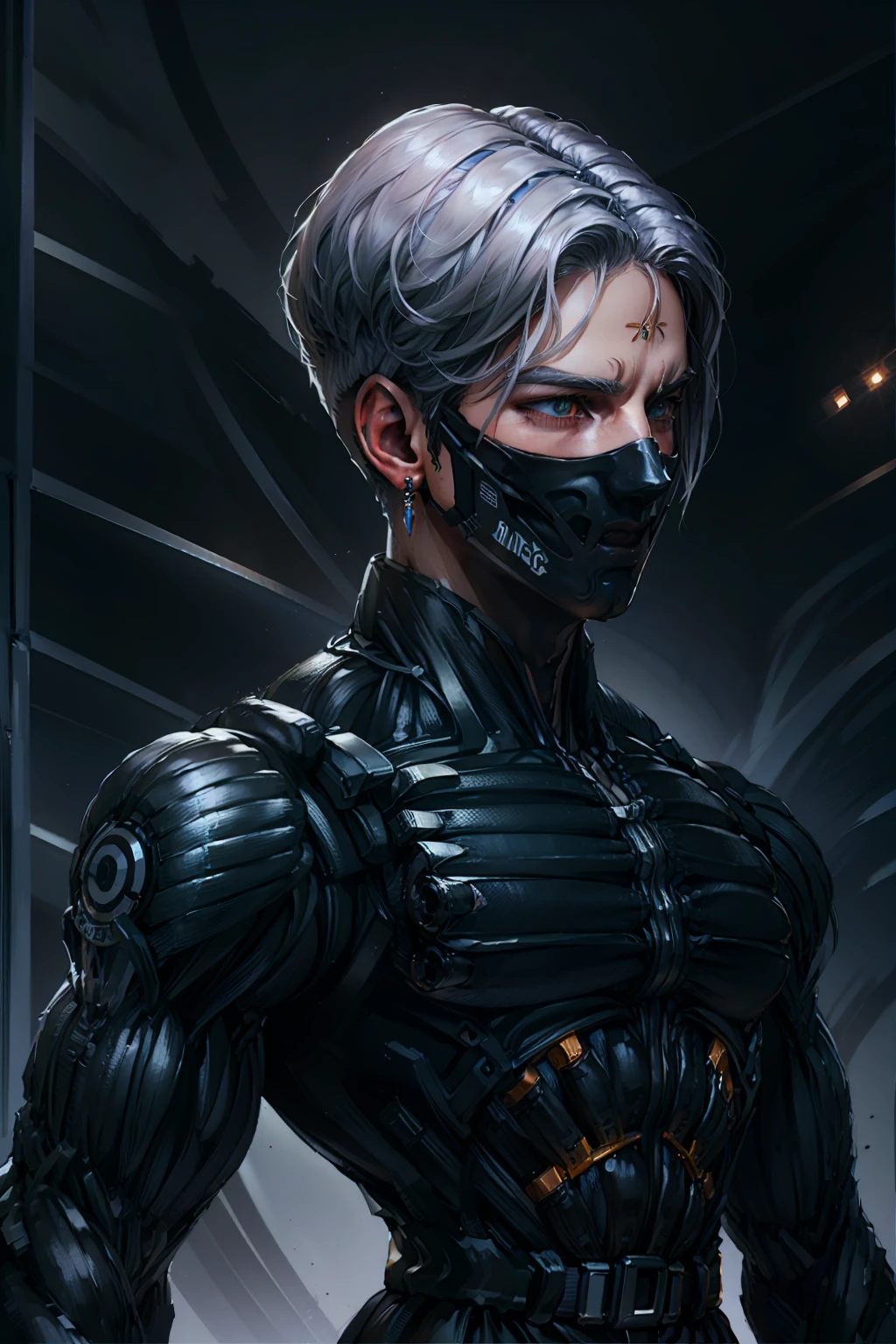 {Best Quality, 8k, Masterpiece}, (Realistic), [[Male]], [[White Hair]], ((Middle Part Haircut)), (Earrings), (Mask)