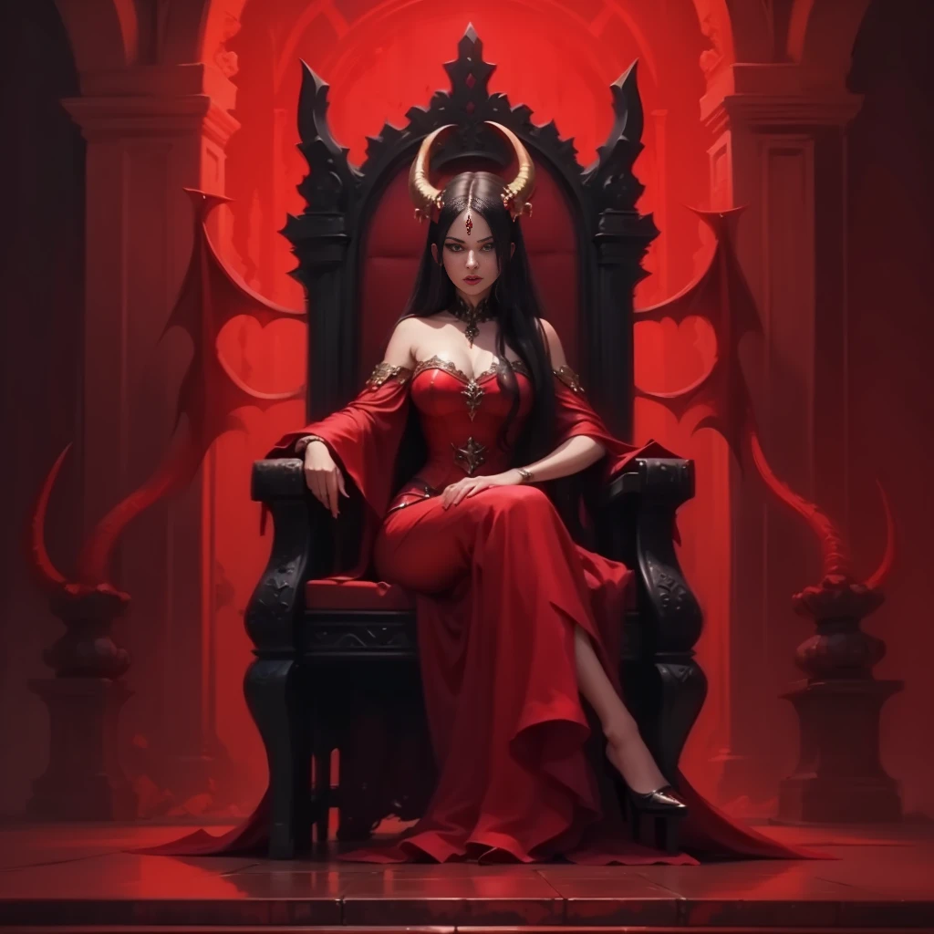 a woman in a red dress sitting on a throne with horns, beautiful elegant demon queen, queen of the underworld, queen of hell, beautiful vampire female queen, succubus | medieval, diablo 4 queen, on her throne, beautiful vampire queen, sitting on her throne, diablo 4 lilith, sitting on a throne, sitting on intricate throne, beautiful succubus