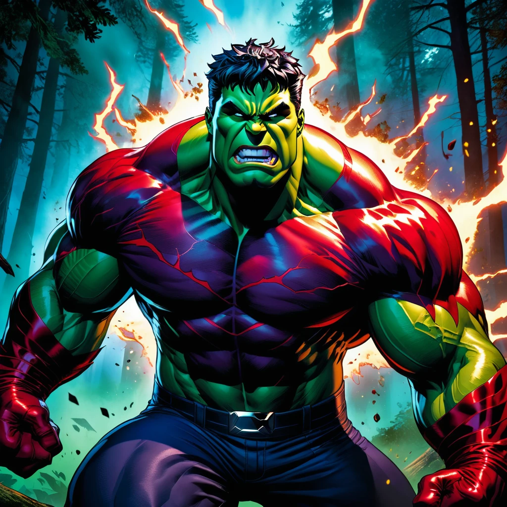 hyper-maximalism, comic, cel shading, Marvel comic, hulk spirit, evil red skin, in the woods, night photography, intense color saturation, vivid energy explosions, HDR, 8k, vray, highly detailed, cinematic, dramatic lighting, volumetric fog, dramatic shadows, glowing effects, dynamic poses, muscular body, menacing expression, sharp fangs, 1 male character