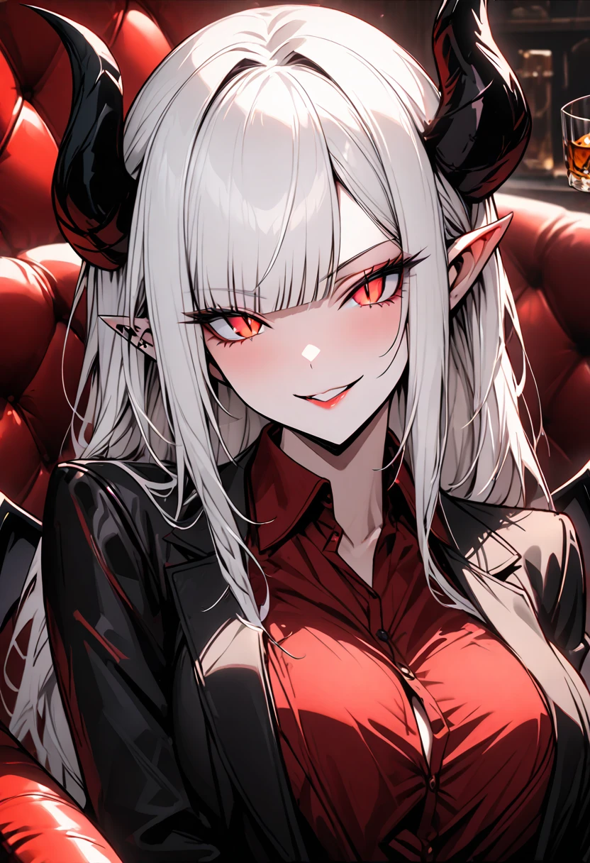 solo, female, long white hair, straight bangs, black goat horns, pointed ears, red eyes, slit pupils, huge breasts, tall, male business suit, red shirt, spade tail, black demon wings, black business jacket, black slacks:0.3, relaxed, friendly smile, wink, luxurious, leather chair, close up, luxurious, smoke:1.2, whisky glass, partially unbuttoned shirt