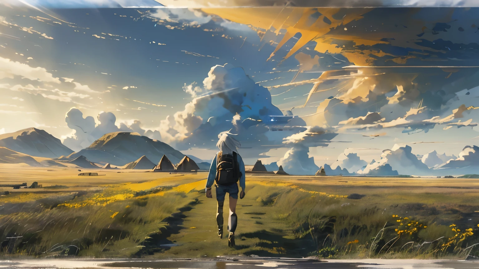 Vast Sky, Beautiful skyline, Vast grassland, Very tense and dramatic photo, Moving visual effects, The North Star Hanging High, Colorful natural light. Long sleeve tops, Denim shorts, Girl carrying a backpack. There is a big ship not far away..White Hair,Panoramic view from above, Capturing the vastness of nature. Soft lighting creates a warm atmosphere.