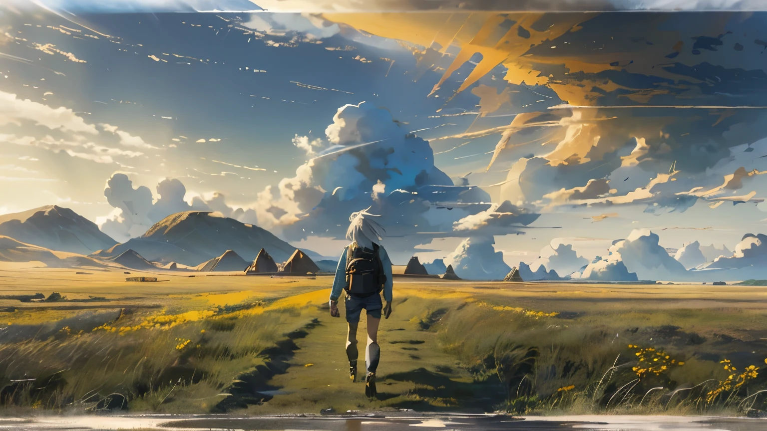 Vast Sky, Beautiful skyline, Vast grassland, Very tense and dramatic photo, Moving visual effects, The North Star Hanging High, Colorful natural light. Long sleeve tops, Denim shorts, Girl carrying a backpack. There is a big ship not far away..White Hair,Panoramic view from above, Capturing the vastness of nature. Soft lighting creates a warm atmosphere.